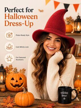 🎃 Unisex Red Wool Knitted Masquerade Cosplay Costume Halloween Witch Hat